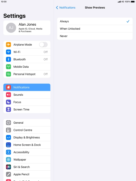 To select notification preview on the lock screen, press Always.
