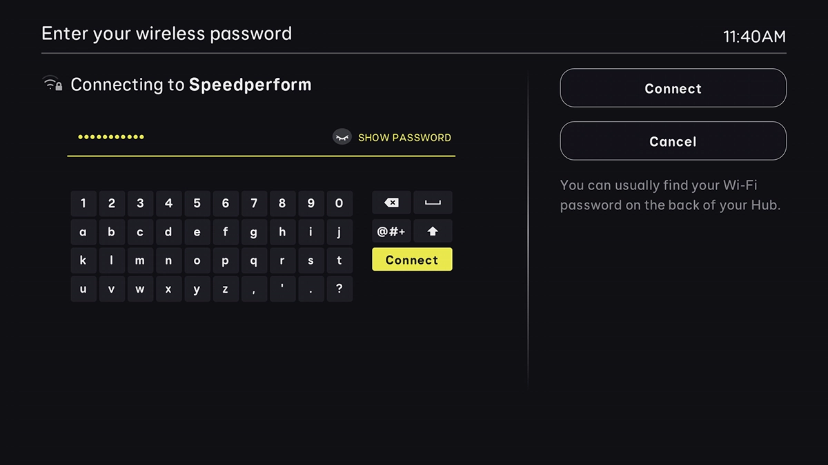 Key in the password for the Wi-Fi network and highlight Connect.