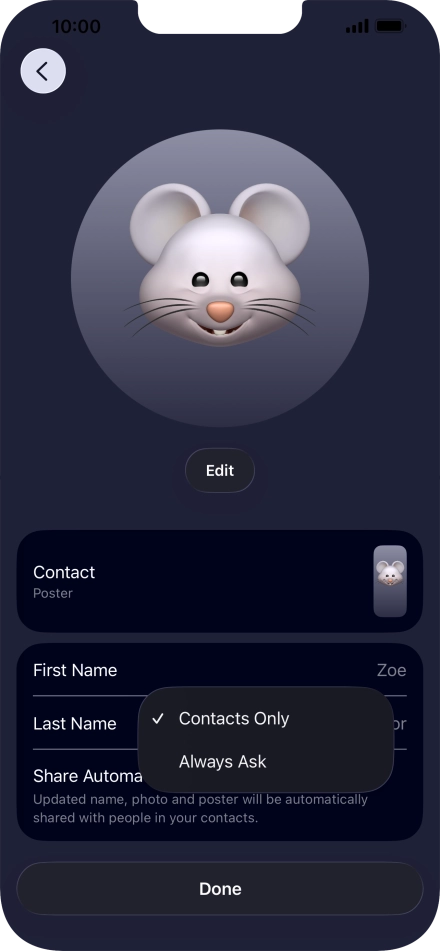 Press the required setting.
