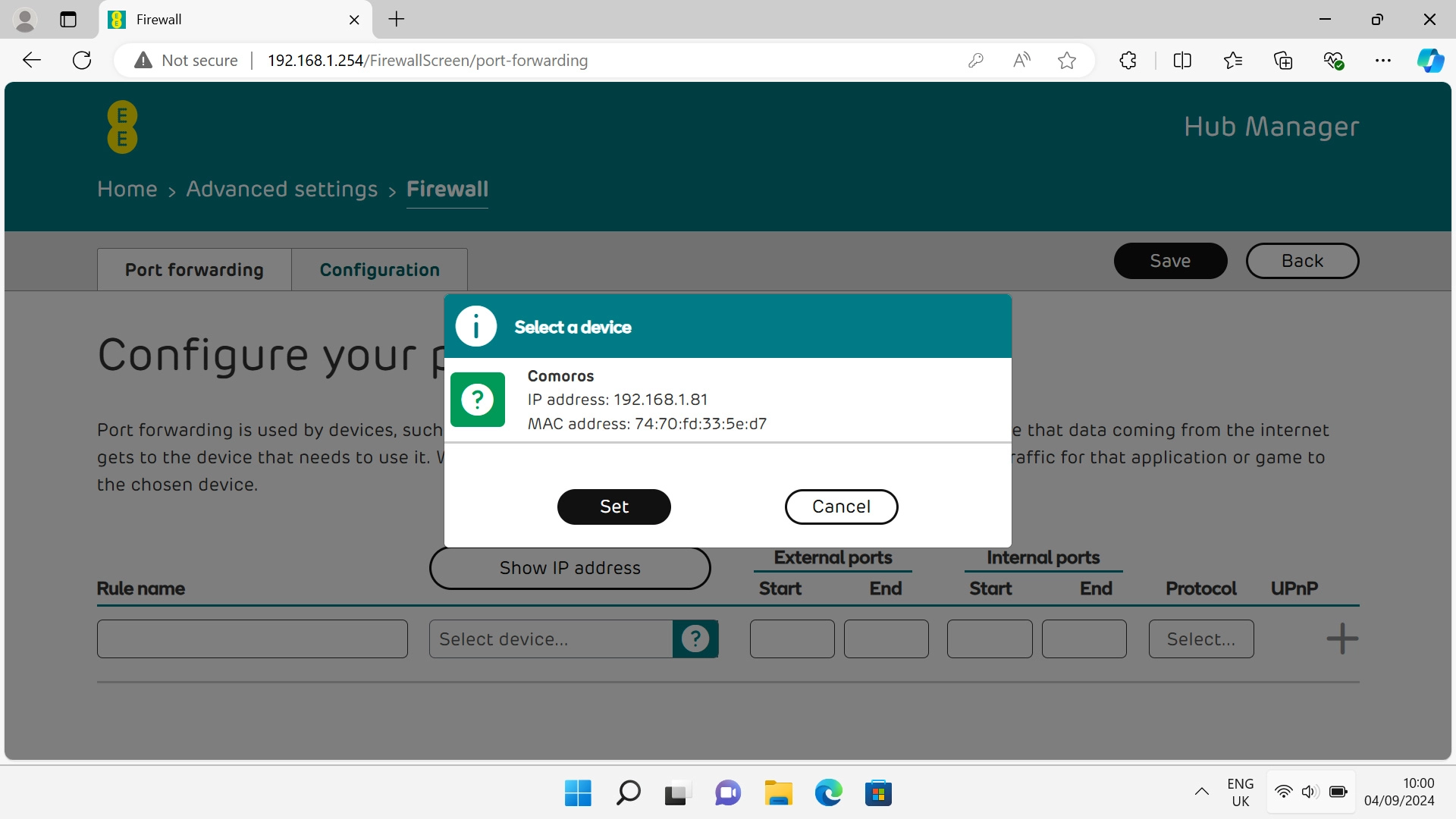 Click the required device to which the external port numbers are to be forwarded.