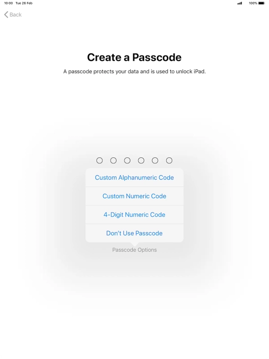Follow the instructions on the screen to turn on use of lock code or press Don't Use Passcode.