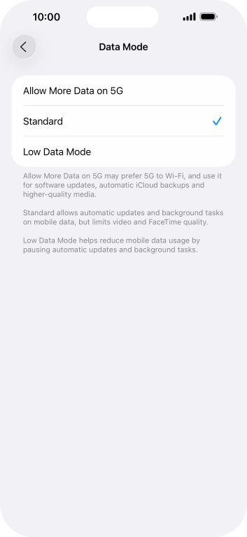Press the required setting.