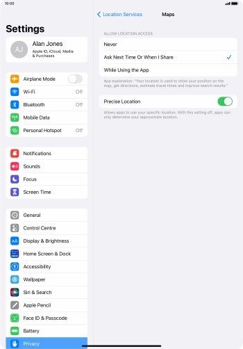 Press the required setting to turn the function on or off.