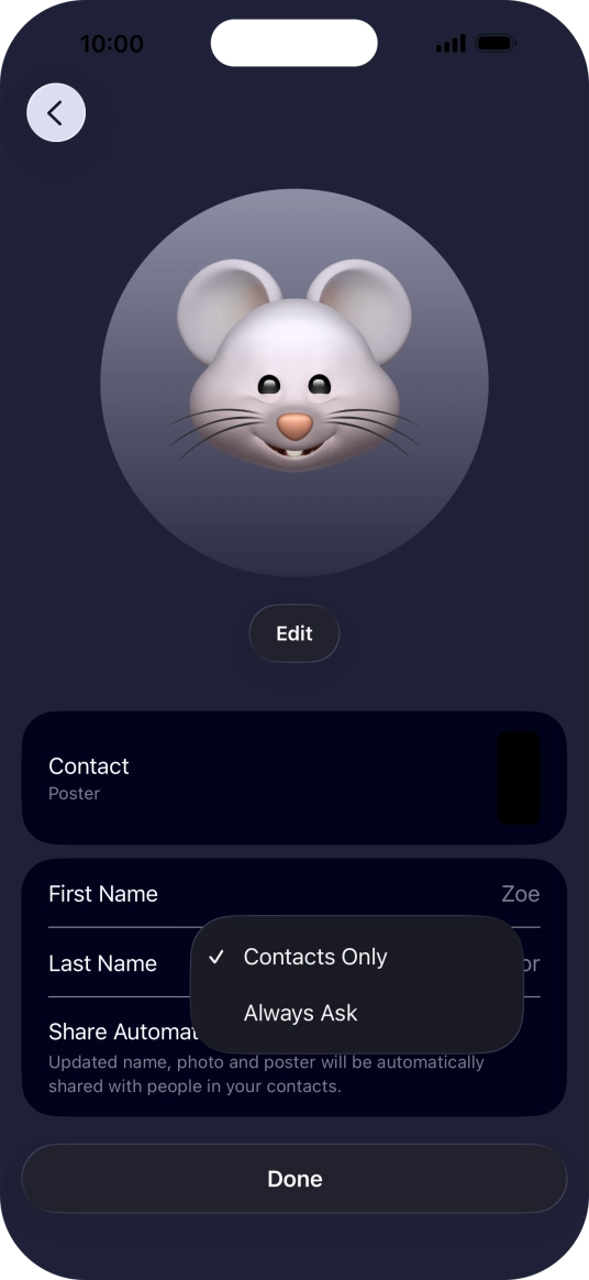 Press the required setting.