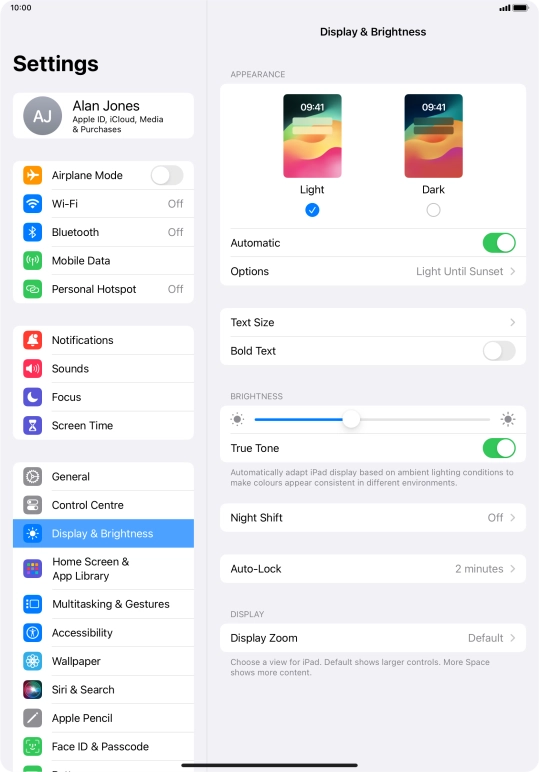 If you turn on the function, press Options and follow the instructions on the screen to select the required period of time for Dark Mode.