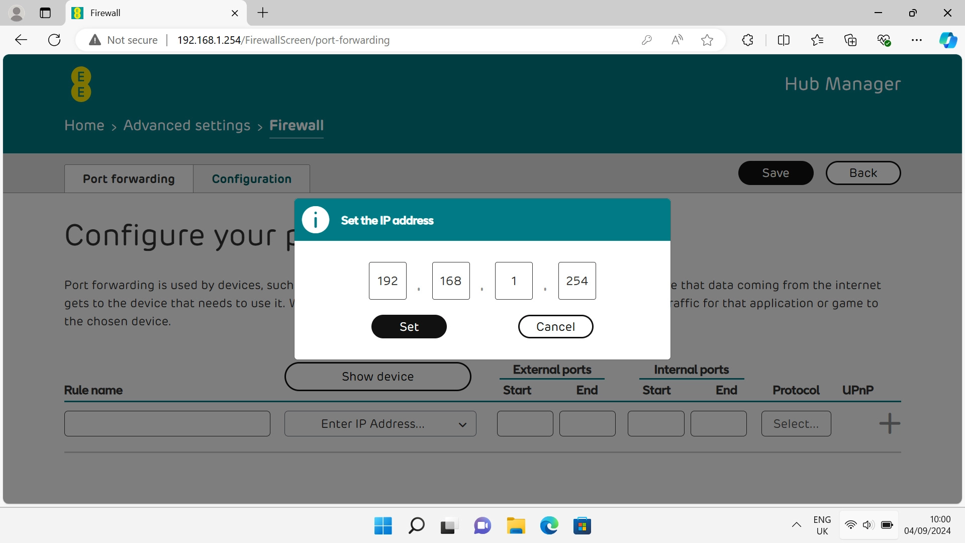 Click the fields and key in the IP address of the device to which the external port numbers are to be forwarded.