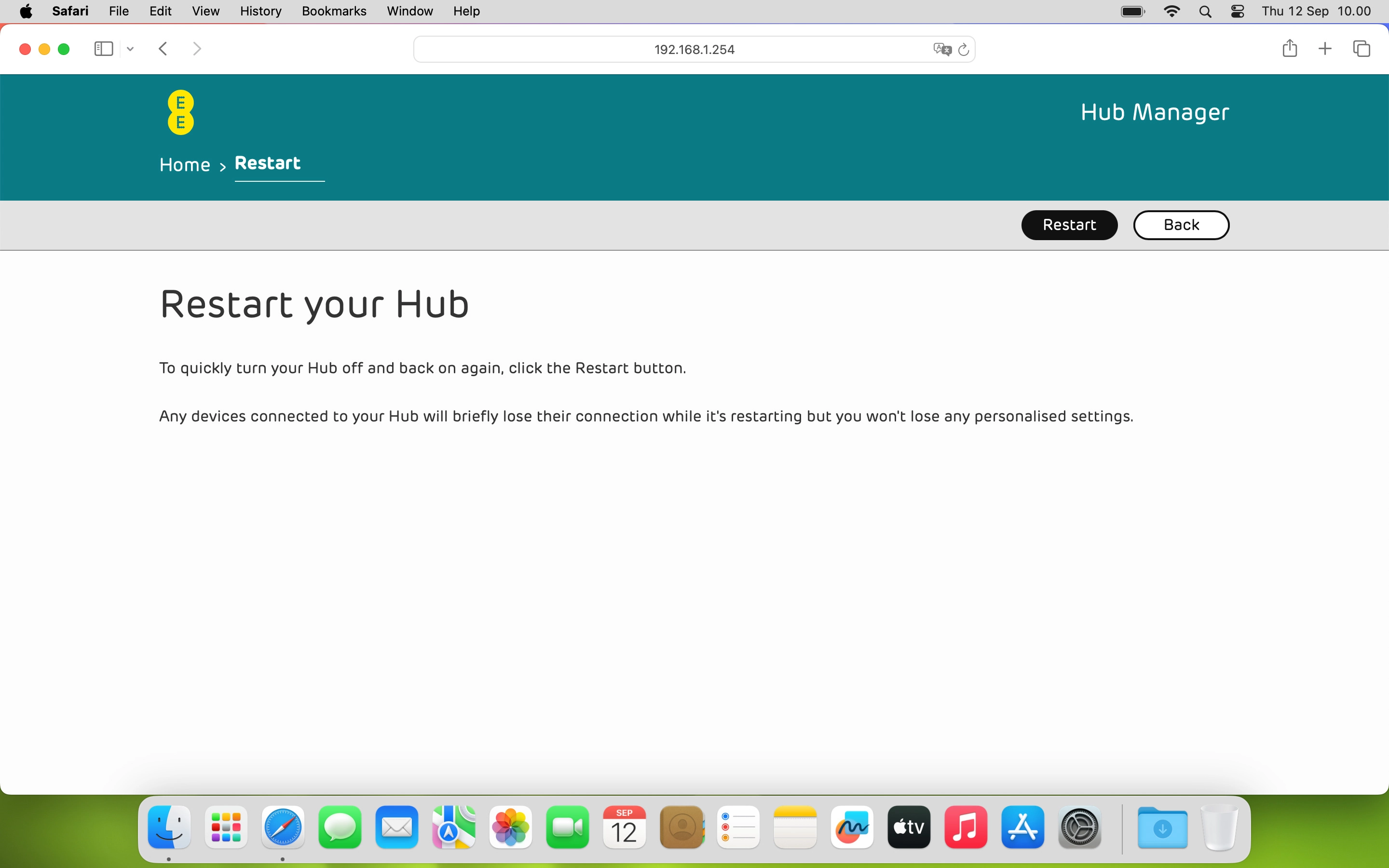 In Restart the Hub, you can restart your router.