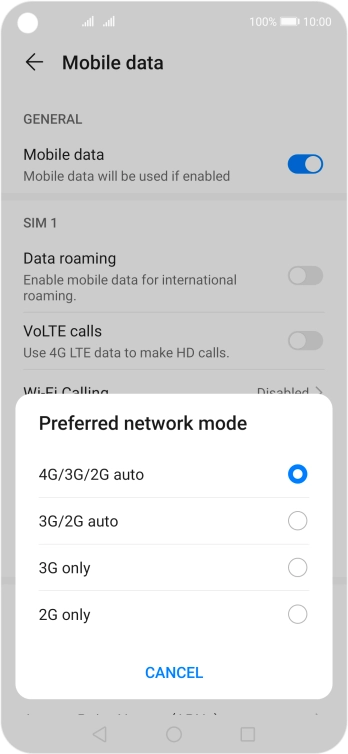 Press the required network mode.