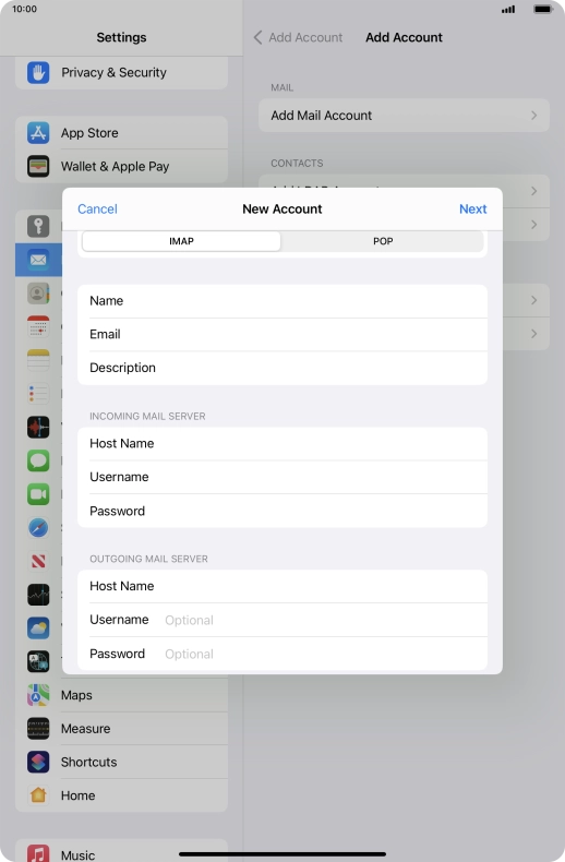 Press Username and key in the username for your email account.