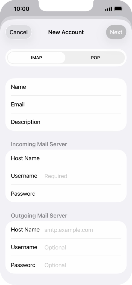 Press Username and key in the username for your email account.