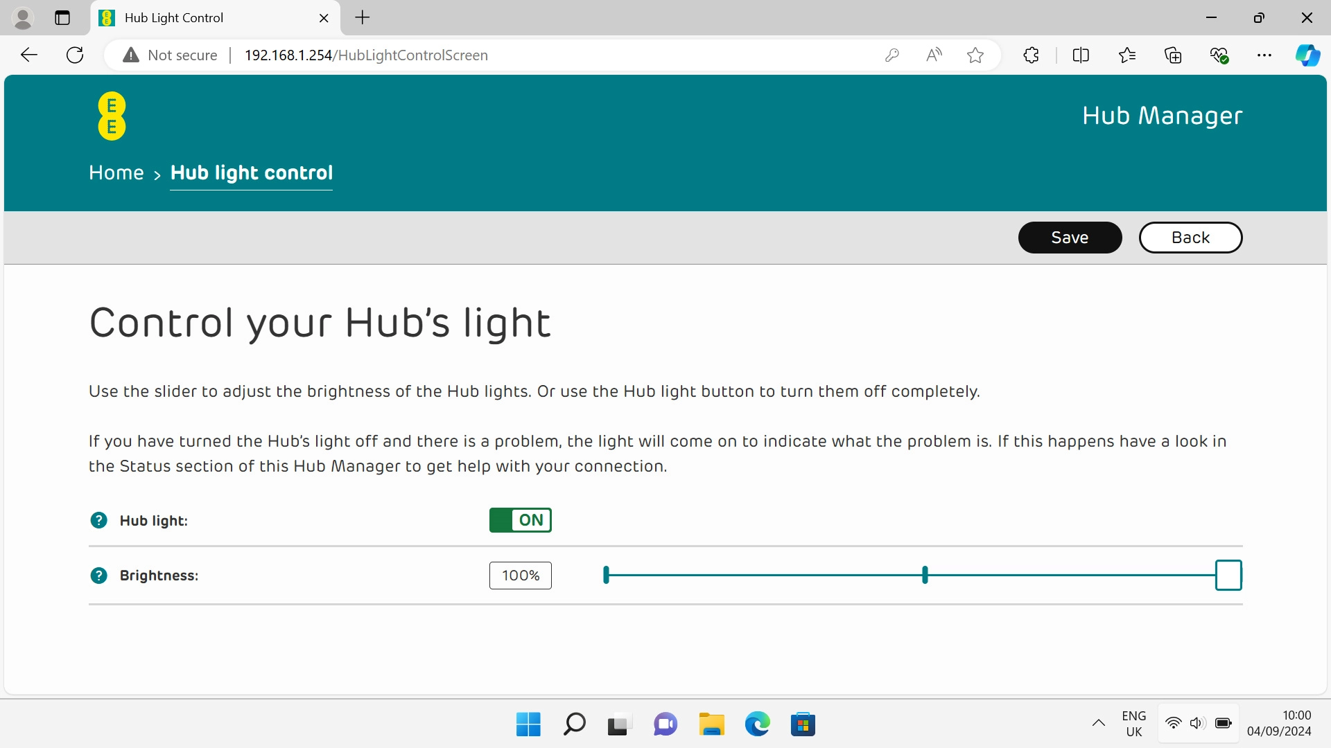 In Hub light control, you can select settings for your router's info LED.