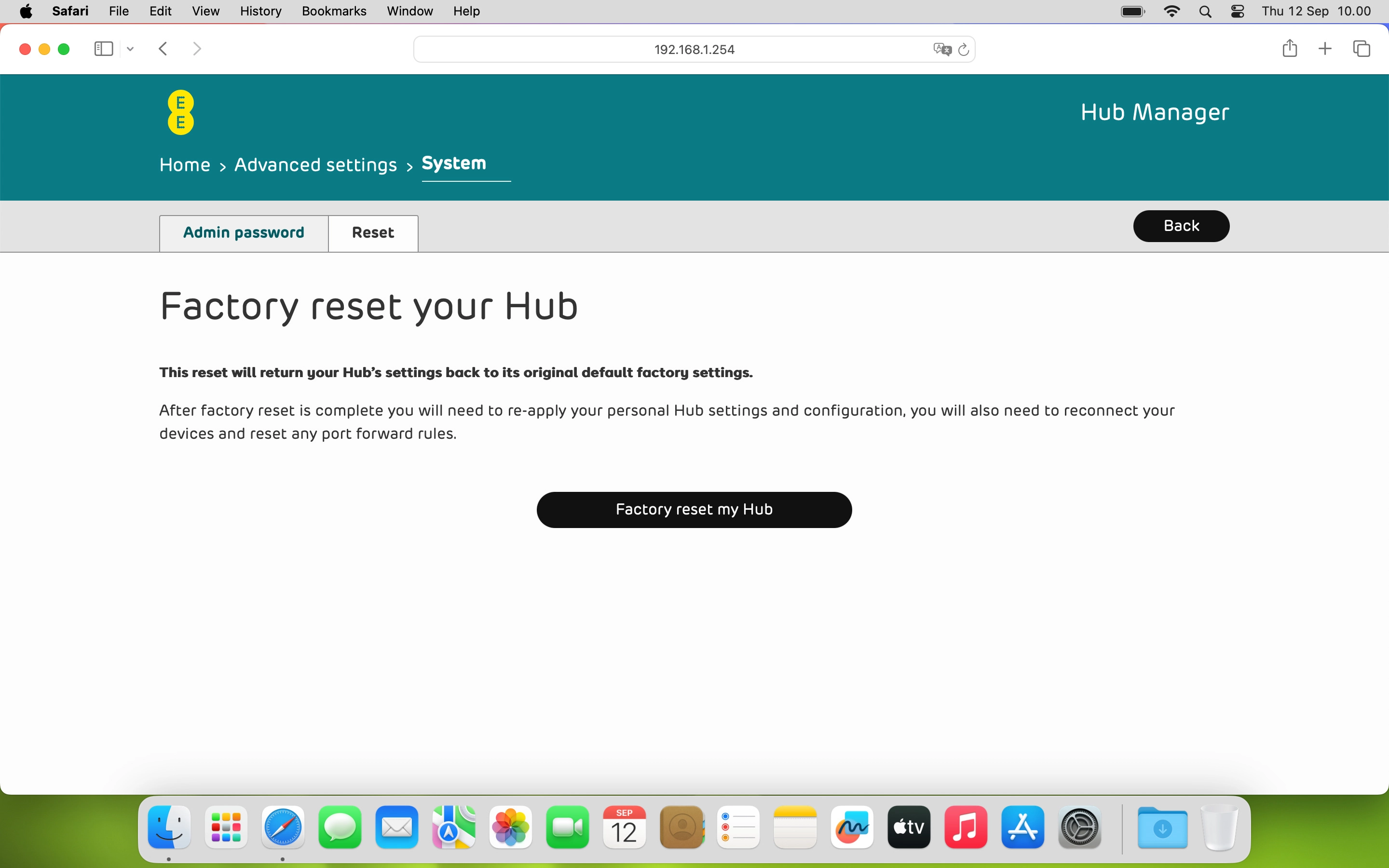 Click Factory reset my Hub.