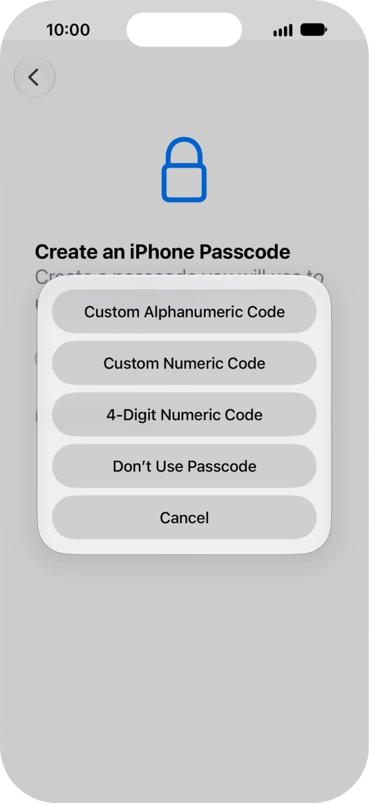 Follow the instructions on the screen to turn on use of phone lock code or press Don't Use Passcode.