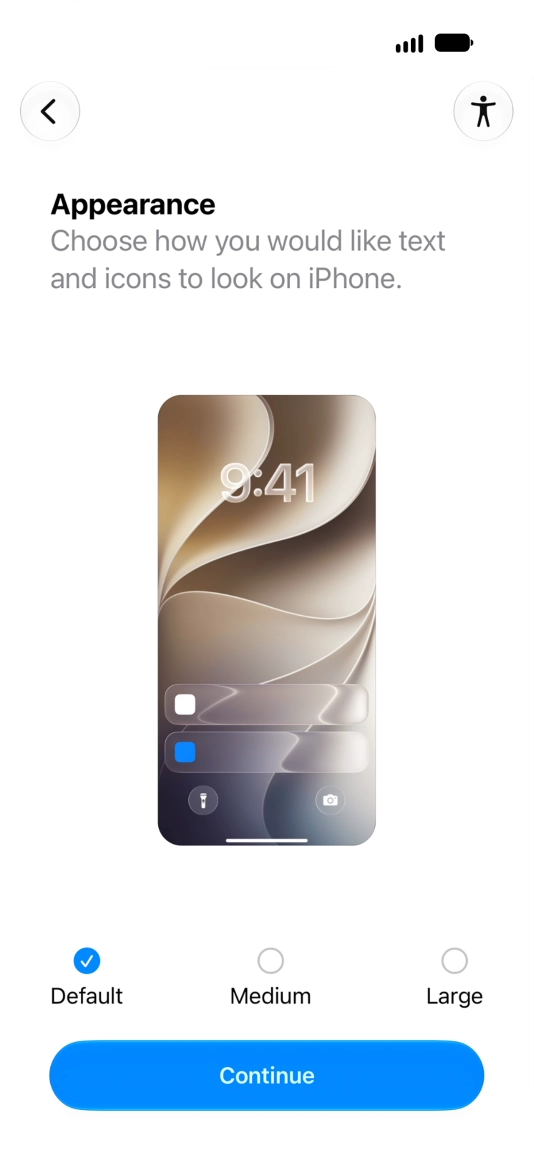 Select the required text and icon size on your phone and press Continue.