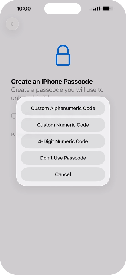 Follow the instructions on the screen to turn on use of phone lock code or press Don't Use Passcode.