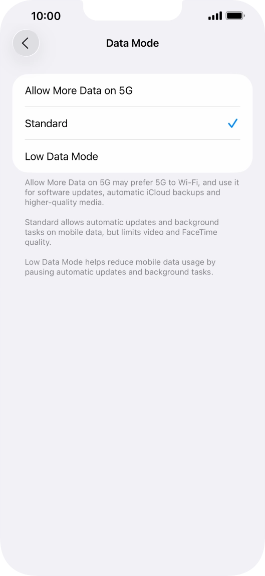 Press the required setting.