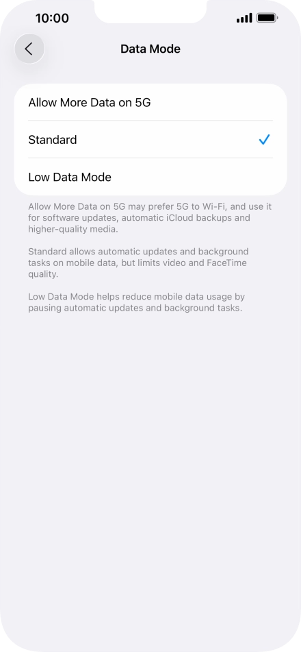 Press the required setting.