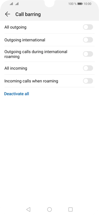 Press the indicator next to the required barring type to turn the function on or off.