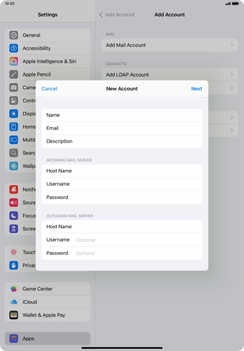 Press Username and key in the username for your email account.