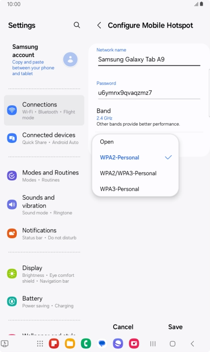 Press WPA3-Personal to password protect your Wi-Fi hotspot.