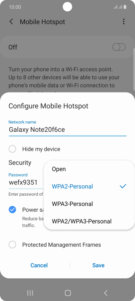 Press WPA2-Personal to password protect your Wi-Fi hotspot.
