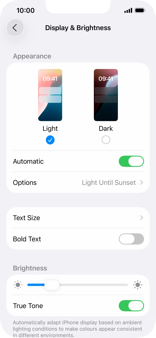 If you turn on the function, press Options and follow the instructions on the screen to select the required period of time for Dark Mode.