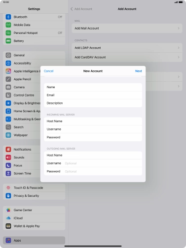 Press Username and key in the username for your email account.