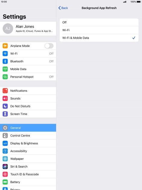 To turn off background refresh of apps, press Off.