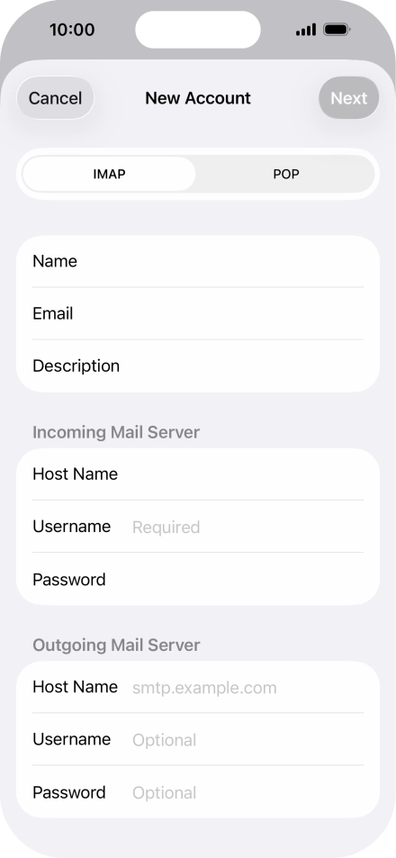 Press Username and key in the username for your email account.