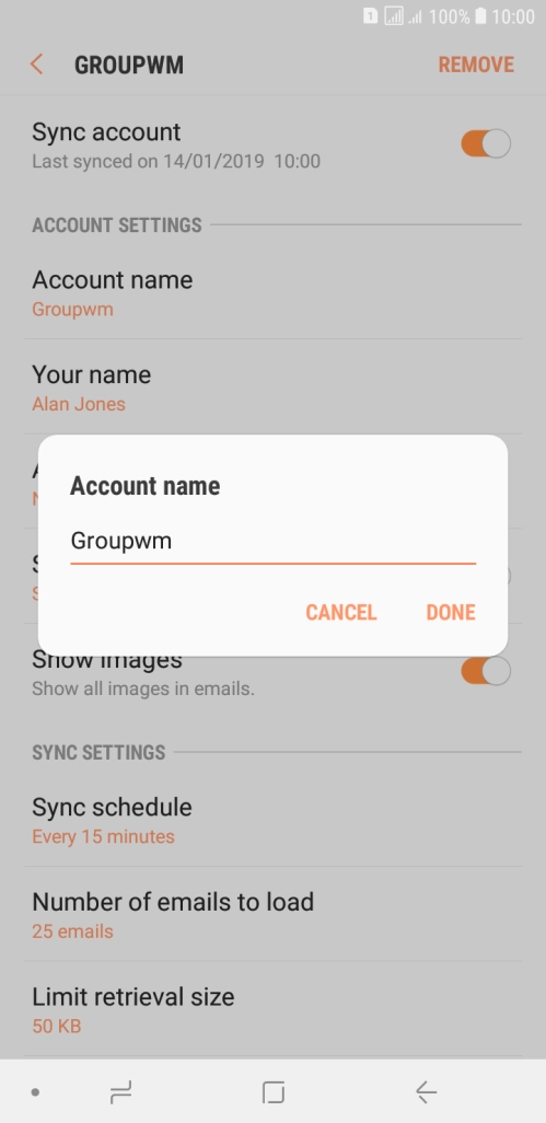Key in the required name for the email account and press DONE.