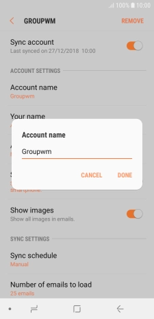 Key in the required name for the email account and press DONE.