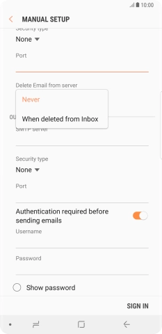 Press Never to keep email messages on the server when you delete them on your phone.