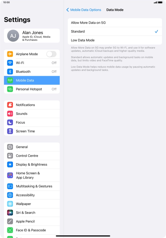 Press the required setting to turn the function on or off.