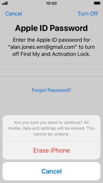 Key in the password for your Apple ID and press Erase iPhone. Wait a moment while the factory default settings are restored. Follow the instructions on the screen to set up your phone and prepare it for use.