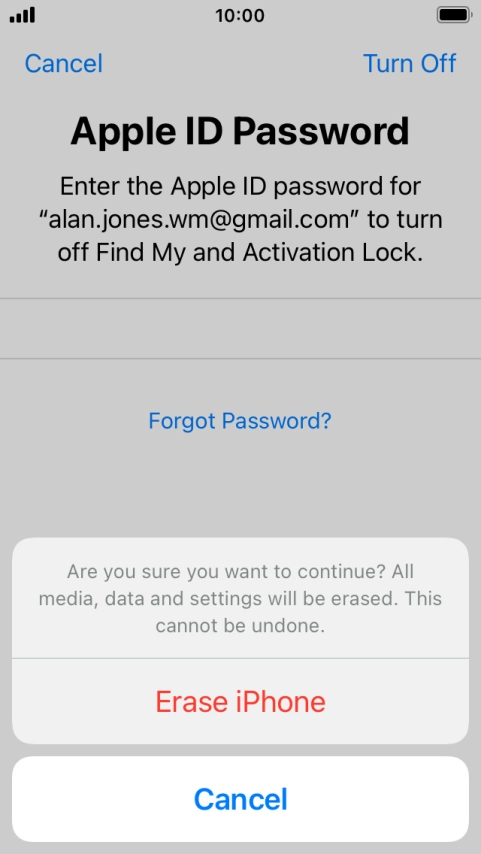 Key in the password for your Apple ID and press Erase iPhone. Wait a moment while the factory default settings are restored. Follow the instructions on the screen to set up your phone and prepare it for use.