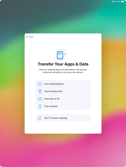 You can transfer the contents of an Android device to your tablet when it's activated for the first time and after a factory reset. When this screen is displayed, your tablet is ready to transfer contents from an Android device.