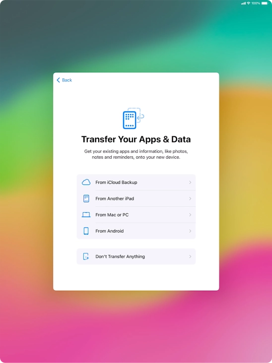 You can transfer the contents of an Android device to your tablet when it's activated for the first time and after a factory reset. When this screen is displayed, your tablet is ready to transfer contents from an Android device.