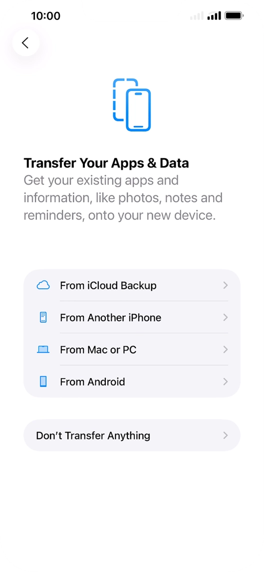 You can transfer content from an Android phone when your phone is activated for the first time and after a factory reset. When this screen is displayed, your phone is ready to transfer content from an Android phone.