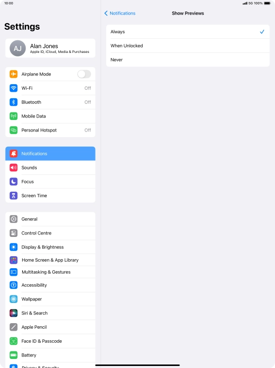 To select notification preview on the lock screen, press Always.