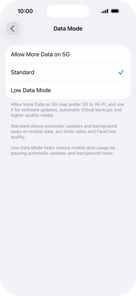 Press the required setting.