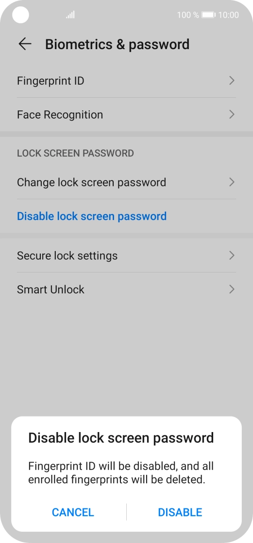 Key in the additional phone lock code you created earlier and press DISABLE.