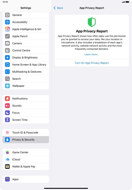 Press Turn On App Privacy Report to turn on the function.