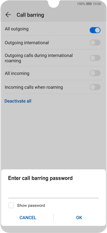 Key in your barring password and press OK.