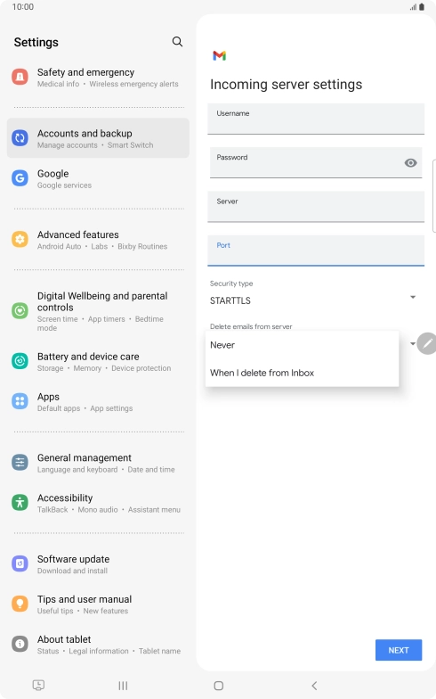 Press Never to keep email messages on the server when you delete them on your tablet.