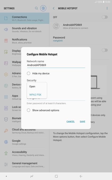 Press WPA2 PSK to password protect your Wi-Fi hotspot.