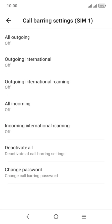 Press the required barring type to turn the function on or off.