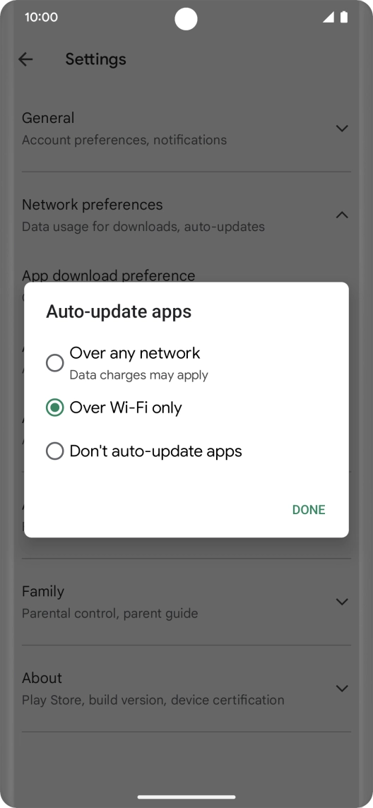 To turn on automatic update of apps using mobile network, press Over any network.