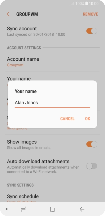 Key in the required sender name and press OK.