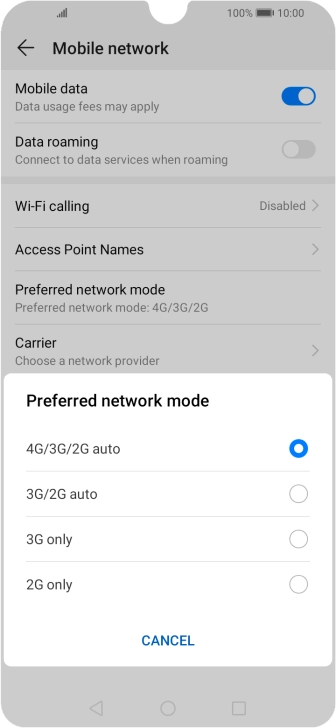 Press the required network mode.