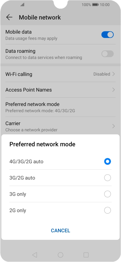 Press the required network mode.